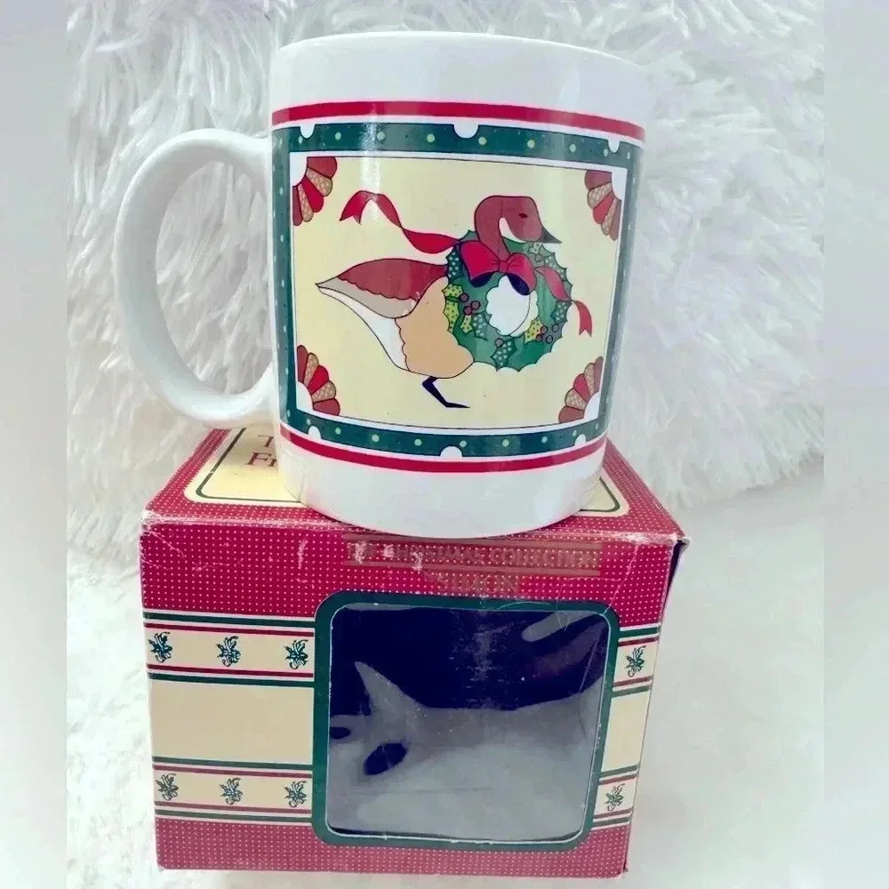 Vintage Goose Geese Ducks NIB Christmas Wreath Coffee Mug 90’s Cottagecore